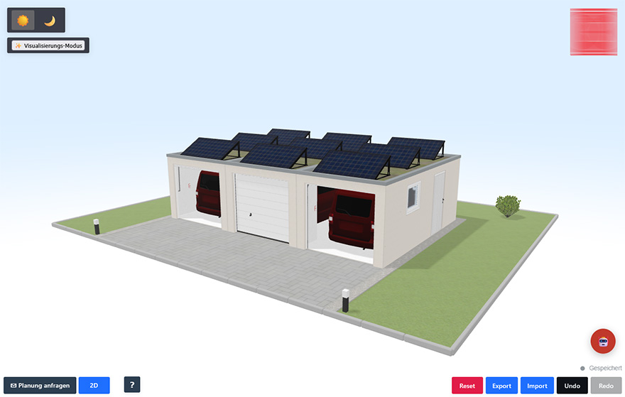 Screenshot 3D Konfigurator – Reihengaragen mit Solarpanelen